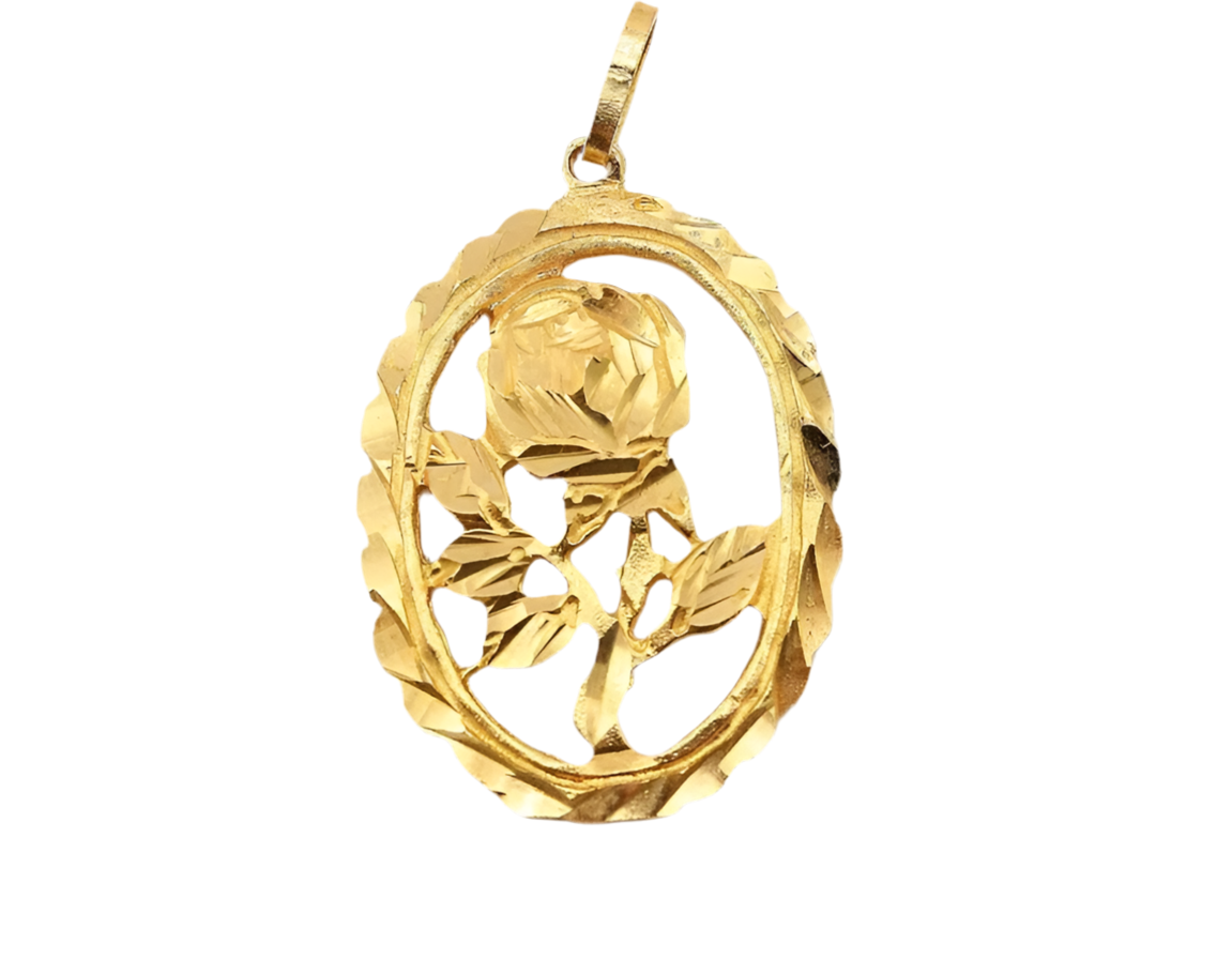 vintage 14k yellow gold diamond cut rose oval pendant