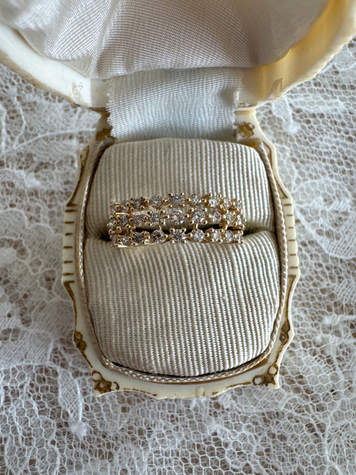 vintage 10k yellow gold three row diamond ring