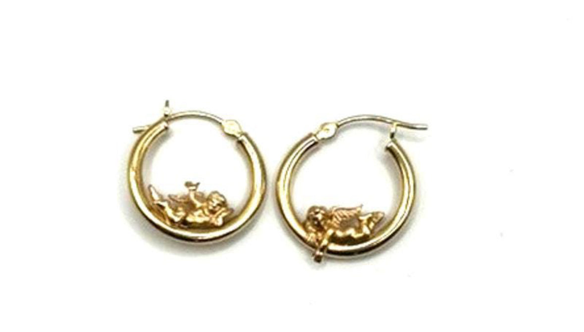 vintage 14k yellow gold cherub hoop earrings