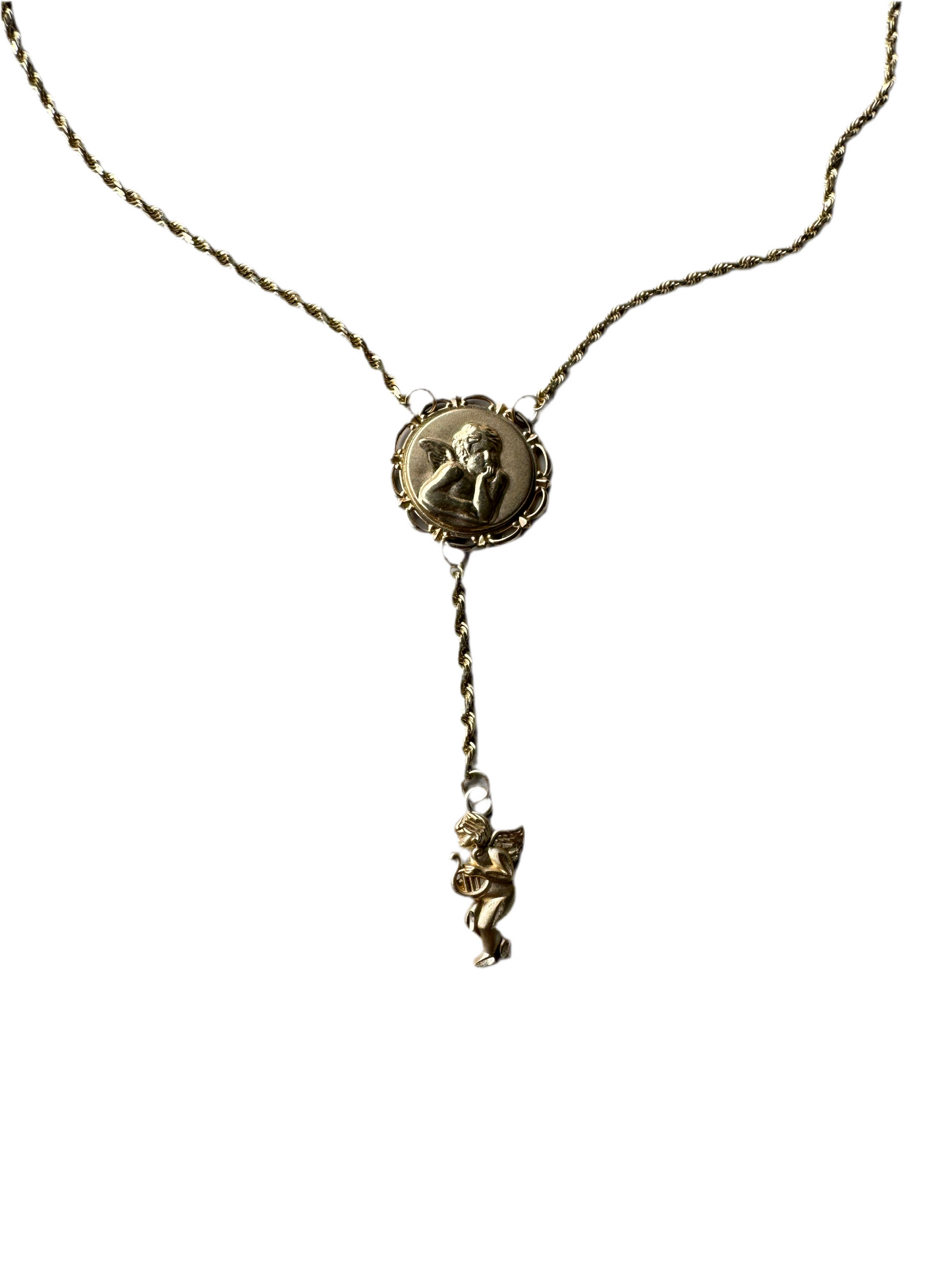 vintage 10k yellow gold cherub lariat necklace