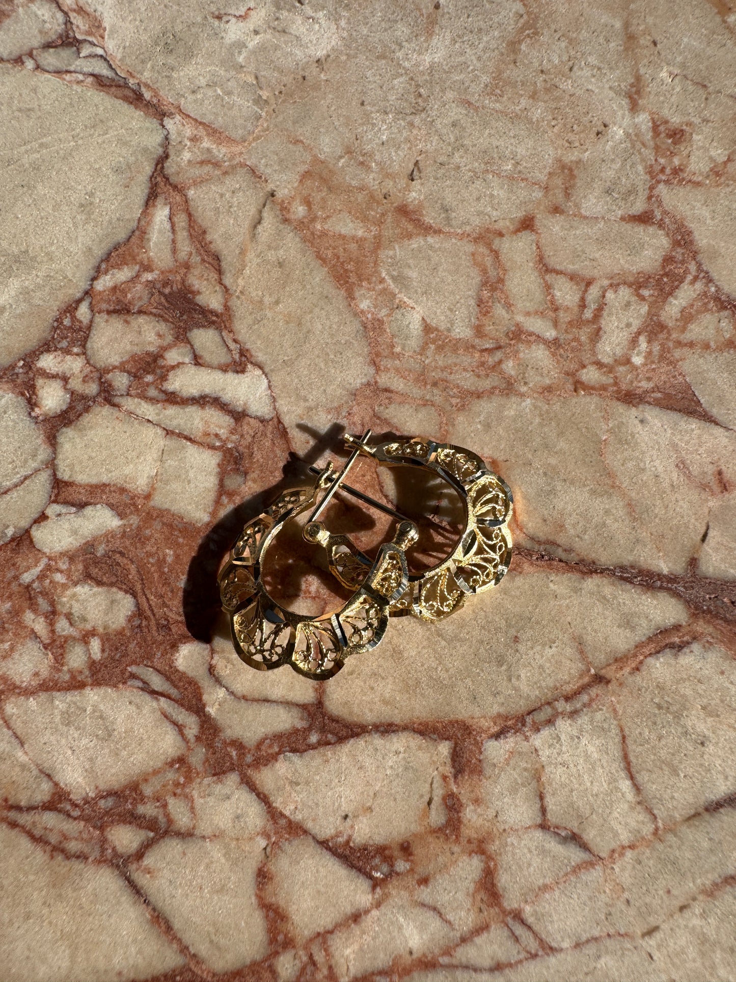 vintage 14k yellow gold filigree hoops