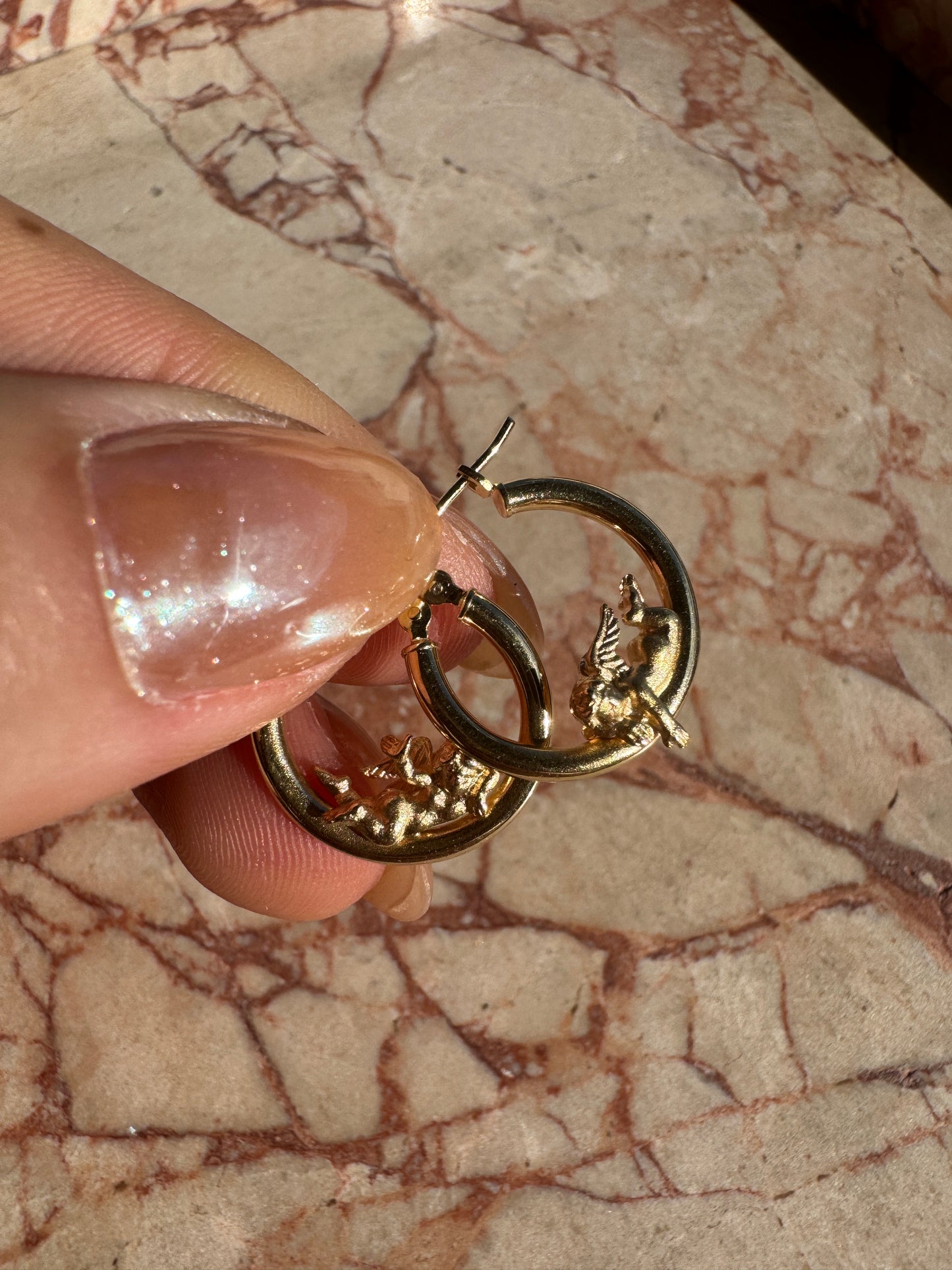 vintage 14k yellow gold cherub hoops